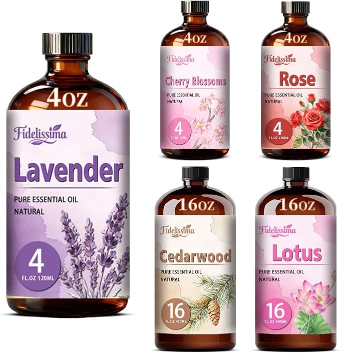 Fidelissima Natural Essential Oil Set,5 Scents Gift Kit–Lavender,Cherry Blossom,Rose,Cedarwood,Lotus,Fragrance Oil for Diffuser,Candle Soap Making,Personal Care with Glass Dropper