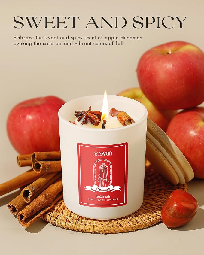 AOOVOO Apple Cinnamon Scented Candles for Women - Aromatherapy Candle with Crystals Inside, 10oz Soy Candles for Home Scented, Birthday Gifts Valentines Day Candle for Women Mom