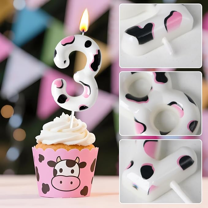 Number 3 Birthday Candle for Cake – Cow Print Design in White Black Pink – Farm Theme & Cowgirl Party Cake Topper Decoration