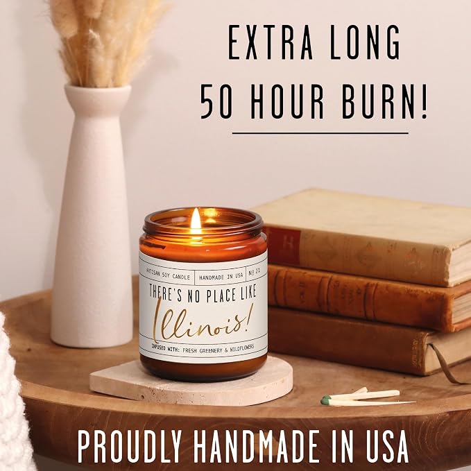 Illinois Gifts, Illinois Decor for Home - 'There's No Place Like Illinois Candle, w/Greenery, Ozone & Wildflowers I Illinois Souvenirs I Illinois State Gifts I 9oz Jar, 50Hr Burn, USA Made