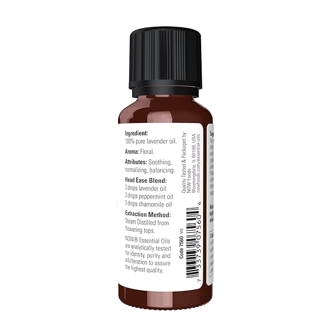 NOW Essential Oils, Lavender Oil, Soothing Aromatherapy Scent, Steam Distilled, 100% Pure, Vegan, Child Resistant Cap, 1-Ounce