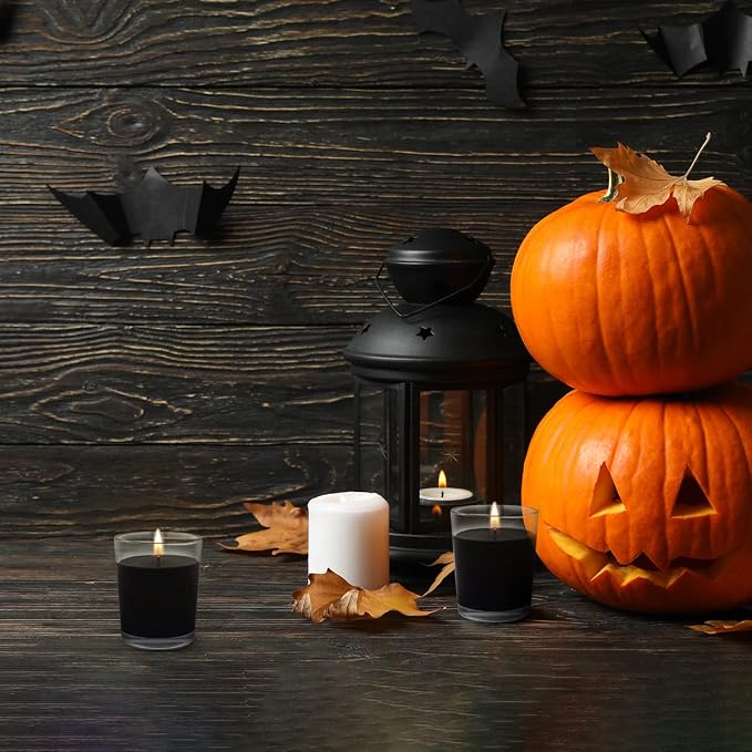 Set of 20 Black Votive Candles for Halloween Pumpkin, Clear Glass Filled Unscented Soy Wax Candle for Dinner Parties, Home Decorations and DIY