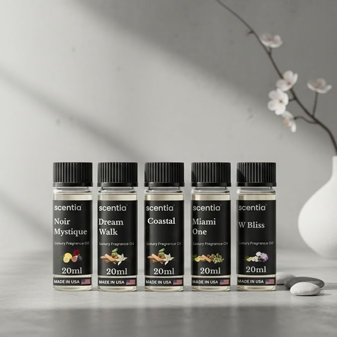 Scentia Luxury Diffuser Essential Oils Set – 5x20ml Discovery Collection, Miami One (Inspired by 1 Hotel Miami, Formerly My Way) Coastal (Formerly Cabana) & White Tea Spa Fragrance