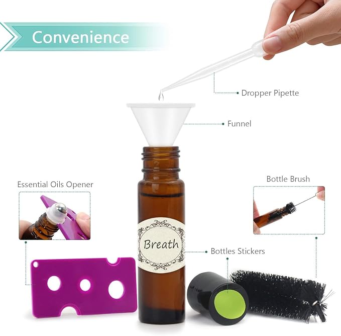 Mavogel 24 Pack 10ml Roller Bottles for Essential Oils, Amber Glass with Stainless Steel Roller Balls, Roller Bottles with Caps for Travel, Perfume and Lip Gloss