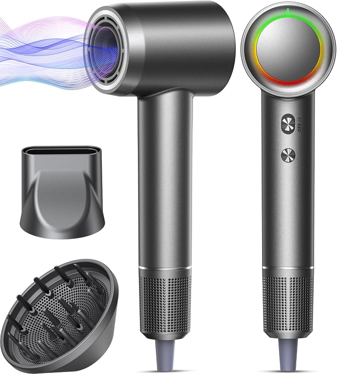 Hair Dryer - 1 Min Fast Drying, High-Speed Blow Dryer with 500 Million Negative Ions, No Heat Damage, Low Noise, Lightweight, Professional Hairdryer with Diffuser & Nozzle for Women, Gunmetal