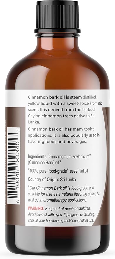 Viva Doria Cinnamon Bark Essential Oil, 100% Pure, Natural Cinnamon Essential Oil, Undiluted, for Aromatherapy | Food Grade, 118 mL (4 Fluid Ounce)