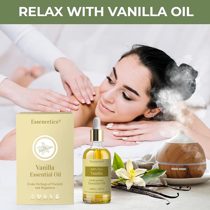 Vanilla Essential Oil for Diffuser 4oz - 100% Natural & Organic - Infused with Olive & Sunflower Oils - Perfect Vanilla Oil for Skin, Body, Candle Making, Soap Making, & Aromatherapy