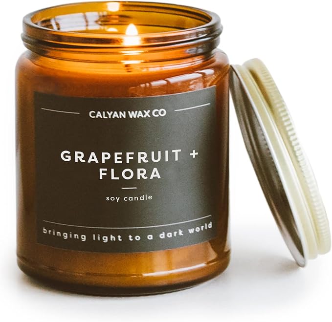 Calyan Wax Co. Grapefruit & Flora Scented Candle - 57 Hour Burn - Luxury Clean Soy Wax Candles - Long Lasting Amber Glass Jar Candle for Home - 7.2oz