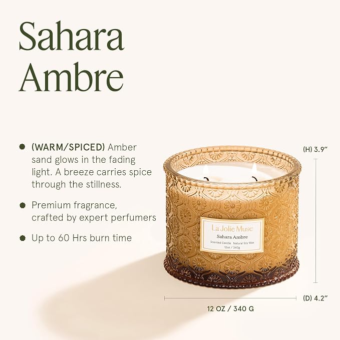 LA JOLIE MUSE Sahara Amber Scented Candles for Home, Natural Soy Wax 2-Wick | Large Jar Luxury Candle, Clean Non Toxic, Gift for Women & Men, Decorative Candles, Pretty Candle, Bergamot, Musk & Patchouli