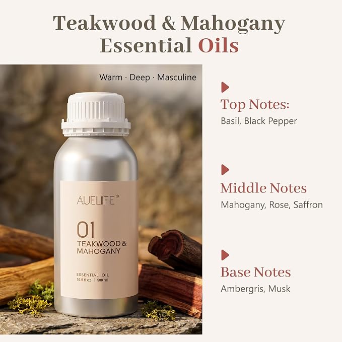 Auelife 16.9oz (500 ml) Teakwood & Mahogany Essential Oils for Diffusers for Home, Large Aluminum Bottle Fragrance Oil for Candle & Soap Making, Aromatherapy Oil for DIY Scents & Home Fragrance