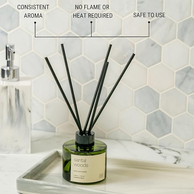 Craft & Kin Premium Oakwood Reed Diffuser – 3.4 oz Natural Essential Oil Diffuser for Home & Bathroom – Long-Lasting Fragrance with Rattan Scent Sticks – Green Glass Room Decor