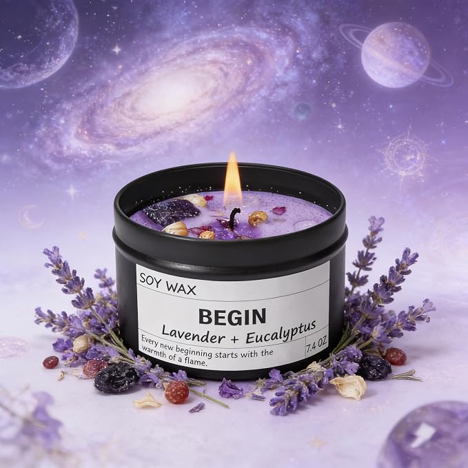 Begin New Beginnings Lavender & Eucalyptus Scented Candle, Black Jar with Purple Crystals, Natural Soy Wax Candles Gifts for People Embarking On Life’s New Journeys, Ready to Restart After A Setbac