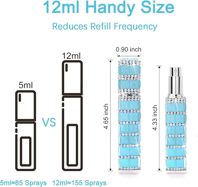Travel Perfume Atomizer Refillable Bottle, 12ml Rhinestone Mini Perfume Bottles Empty Refillable Travel Atomizer Sprayer with Funnel (1Pc-Blue)