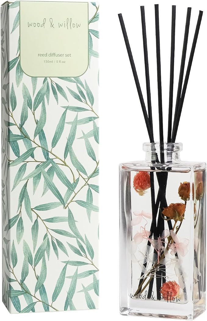 Wood & Willow Reed Diffuser Set with Dried Flowers, 5 fl. oz., Long-Lasting Home Fragrance - Wild Rose & Oud, Red Berry & Oak, Bergamot & Amber, Decorative Floral Design (Wild Rose & Oud)