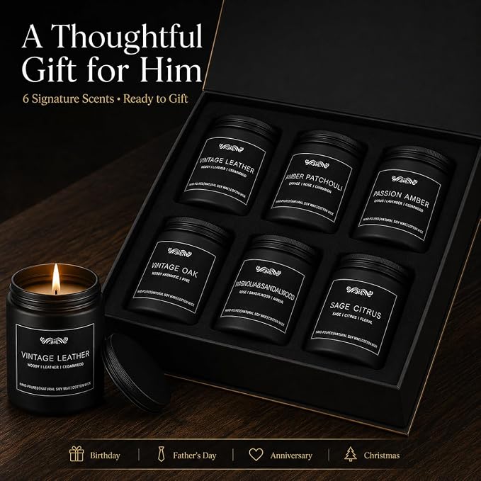 6 Pack Candles for Home Scented Aromatherapy Candles Gifts Set for Mens, Men Candle Set, 42 oz 300 Hour Long Lasting Candles Gifts for Men Birthday Anniversary Present