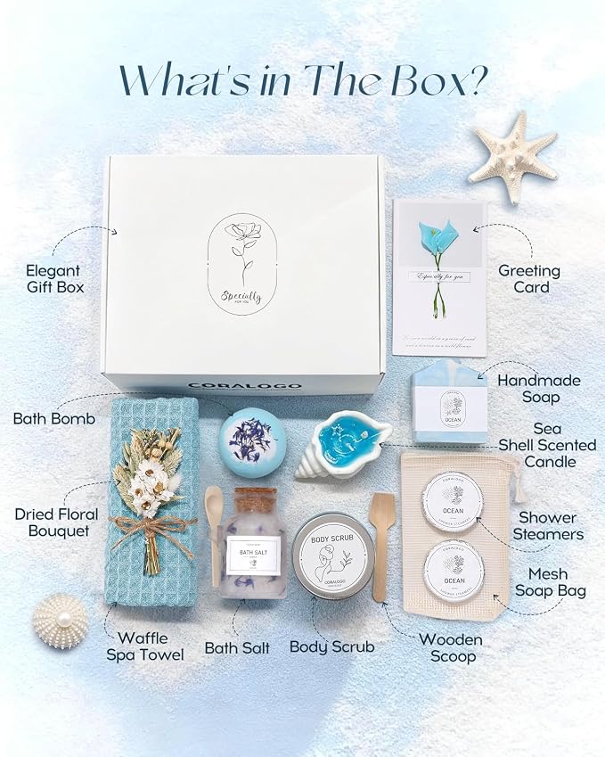 Ocean Spa Gifts for Women - 11pc Self-care Spa Gift Basket with Scented Candle, Bath Salt, Greeting Card - Thinking of You Basket for Her Birthday, Christmas, Mother's Day, Valentine's Day