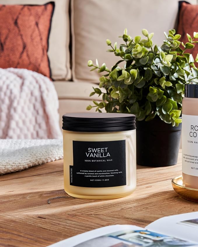 M&SENSE Vanilla Scented Candles for Home, 11.6oz Natural Soy Wax, 70-Hour Long Lasting Burning, Non Toxic Clean Burn, Warm Smelling for Stress Relief Spa, Housewarming Gift for Family Friends