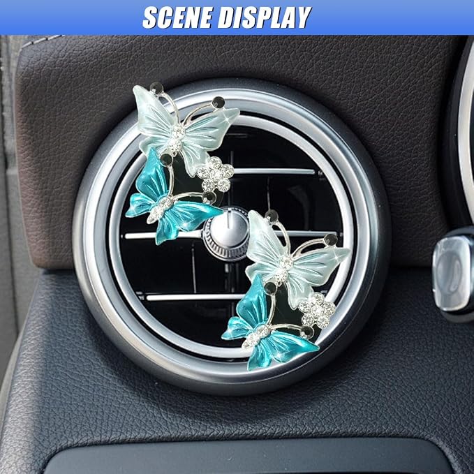 ZIMISI Car Vent Clip, Dual Butterfly Air Vent Clips, Bling Diamond Car Diffuser Clips, Cute Air Conditioning Outlet Decoration, Butterfly Car Accessories for Women (4Pcs/Blue)