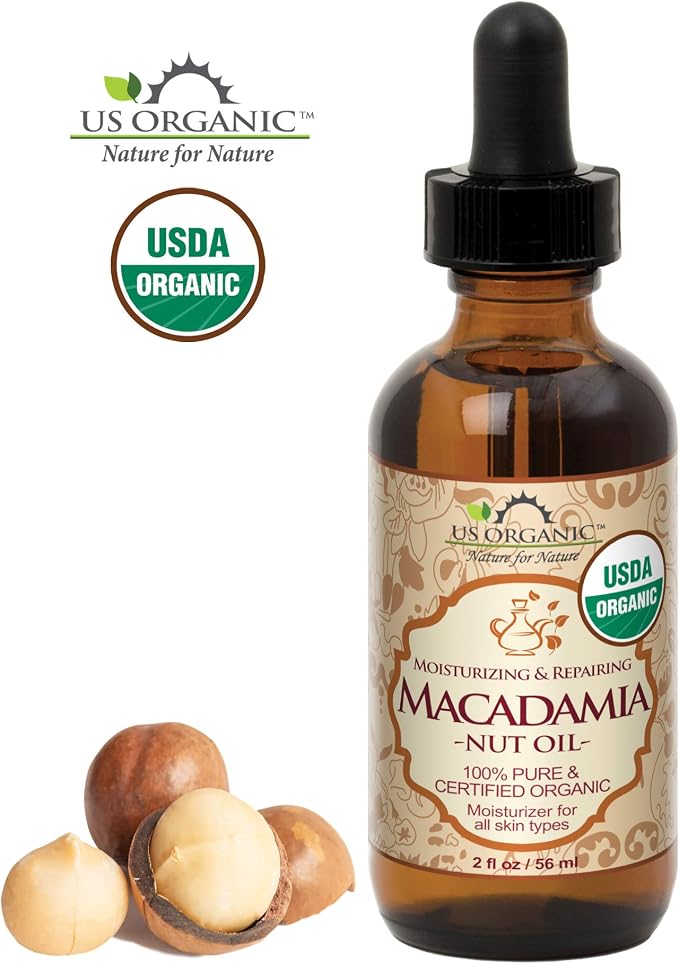 US Organic Macadamia Nut Oil Unrefined Virgin, USDA Certified Organic, Pure & Natural, Cold Pressed, Sourced in Kenya, in Amber Glass Bottle w/Glass Eye dropper for Easy Application (2 oz (Small))