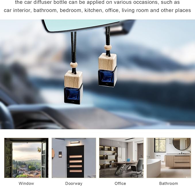 10PCS Hanging Car Air Freshener Bottle, Empty Glass Car Diffuser Cube Bottle Pendant with Wooden Cap, Refillable Essential Oil Bottles Hanging Ornament for Auto Home Office