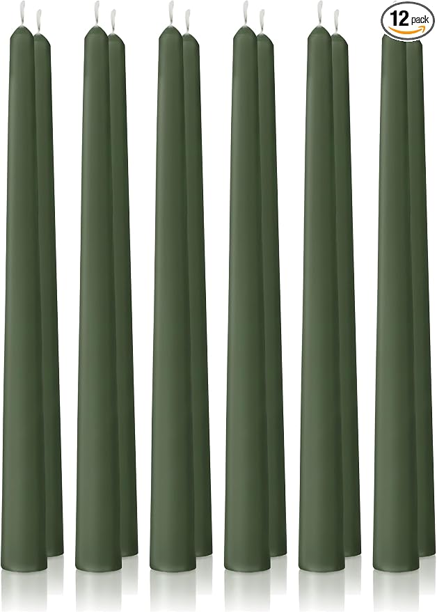 12pk 10" Classic Taper Candles, Dark Moss Green, 7-8 Hours Long Burning, Unscented Tall Candlesticks