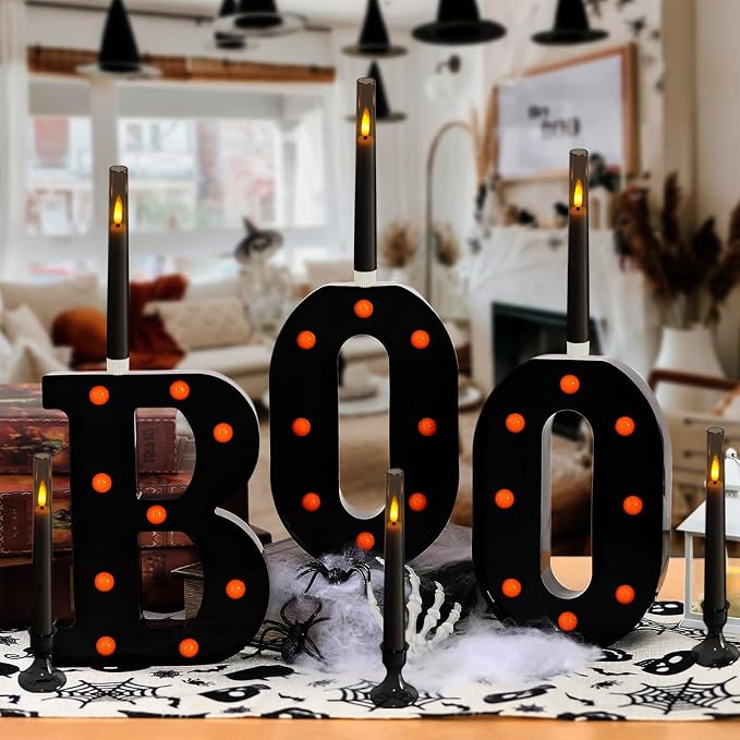 Lezonic Flameless Windows Candles Battery Operated with Timer Remote, 6Pcs Grey Acrylic Flameless Candlesticks with Holders, LED Taper Candles Flickering for Halloween Christmas, 0.8 x 8 inches