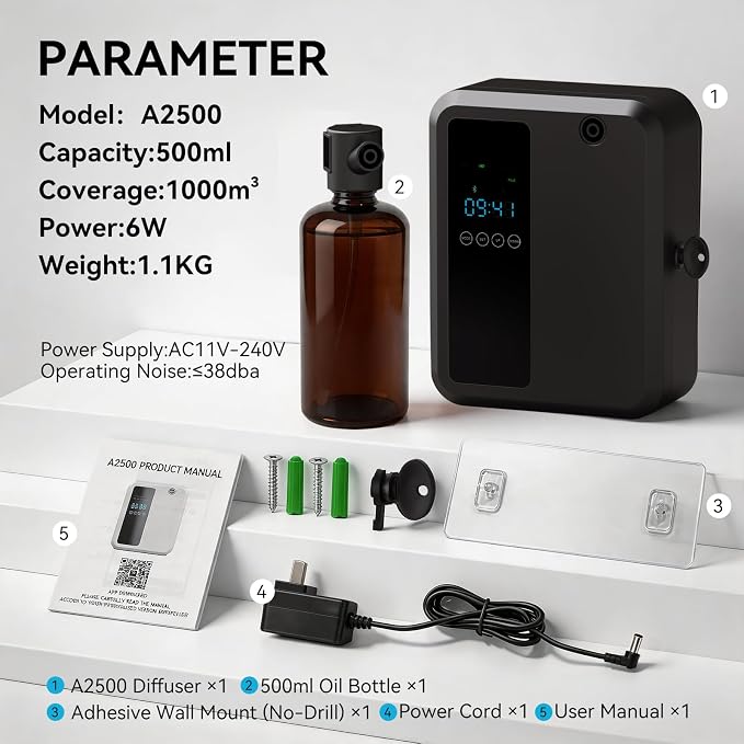 Waterless Essential Oil Diffuser 500ml, Bluetooth APP Control Cold Air Scent Machine, Wall Mounted Large Room Diffuser, 2000 sq ft Coverage, Black