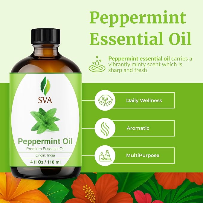 SVA Peppermint Essential Oil – 4 Fl Oz – 100% Natural Peppermint Oil - for Diffuser, Hair Care, Face, Skin Care, Aromatherapy, Scalp and Body Massage, Soap and Candle Making - with Dropper