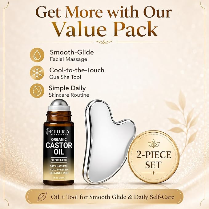 Organic Castor Oil Roll On & Stainless Steel Gua Sha Facial Tool – Metal Face Sculpting Tool, Cooling Gua Sha Oil Massage Set, Jawline Lift, Puffiness Care, Facial Oil Roller for Skin Routine