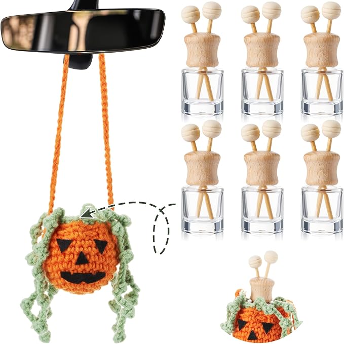 Leelosp 7 Pcs Nightmare Decoration Christmas Pumpkin Crochet Hanging Car Air Freshener with Empty Refillable Essential Oil Diffuser Bottle Clip Knitted Handmade Car Interior Ornament (8 ml, Pumpkin)