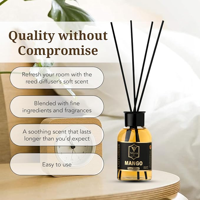 Luxury Reed Diffuser Set - 110ml Aromatherapy Diffuser with Natural Sticks, Aesthetic Room Decor, Long-Lasting Air Freshener for Home, Bathroom, and Office, Essential Oil Stick Diffuse (Mango Pack 3)