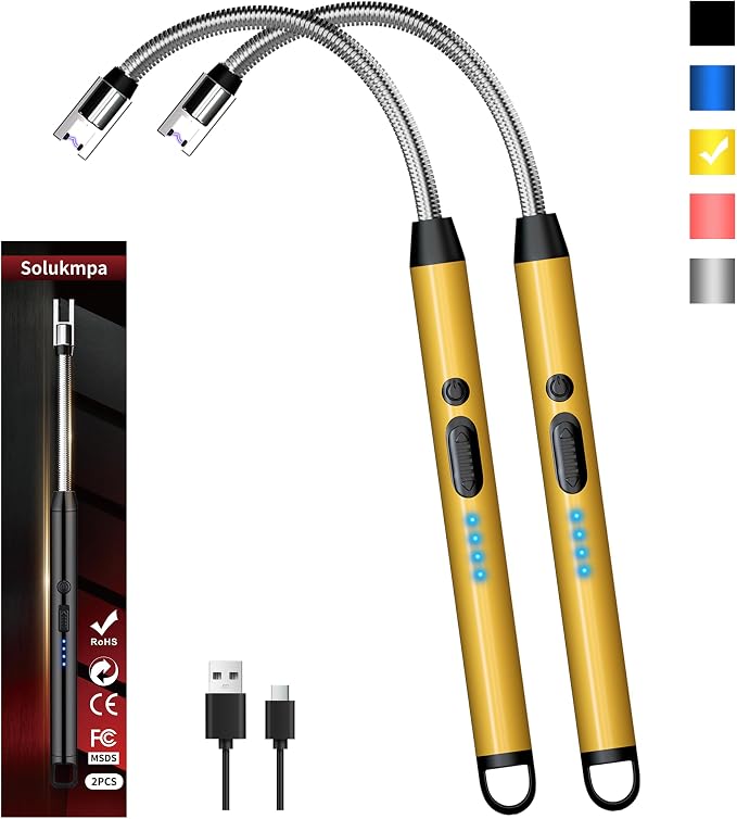 2 Pack Rechargeable Type C Electric Lighters, Gold | Flameless and Windproof, Plasma Arc, 360° Long Reach Flexible Neck, LED Power Display, For Candles, BBQ Grill & Camping