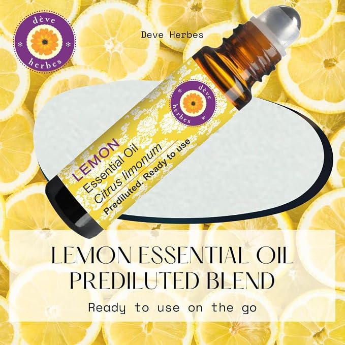 dève herbes Lemon Essential Oil (Citrus limonum) Pre Diluted Ready to Use Roll-on Blend for Aromatherapy and Topical Skin Application for Kids and Adults 10ml (0.33 oz)