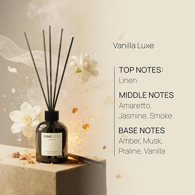 VINEVIDA Reed Diffuser Vanilla Luxe | Diffuser Reed for Home & Bathroom | Long-Lasting Scent Sticks Set | Oil Stick Diffuser | Bathroom Scent