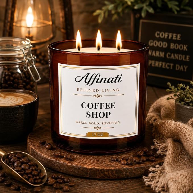 Coffee Shop Affinati 3-Wick Candle - 17 oz Luxury Soy Wax Blend, Long-Lasting Café Ambiance & Aromatherapy Home Fragrance, Premium Roasted Coffee Bean Scented Jar, Unique Gifts for Book Lovers