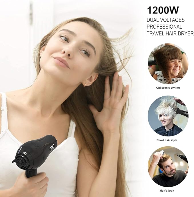 Dan Technology Compact Hair Dryer,Travel Hair Dryer,Portable Mini BlowDryer with Concentrator&Diffuser,HairDryer with European Plug