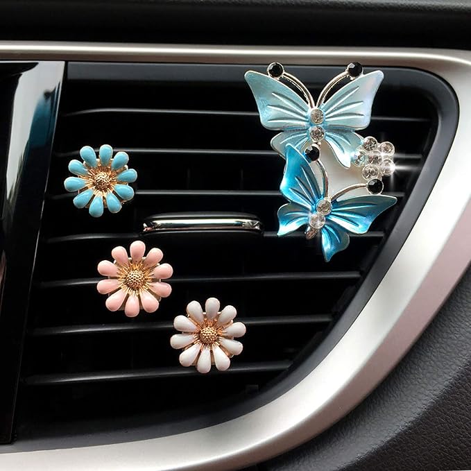 Bling Butterfly Car Air Vent Clip, Cute Rhinestone Air Freshener Clip, Glam SUV Outlet Vent Decorations, Charm Car Inter Decor Accessories for Girls Women (2Pink + 2Blue)