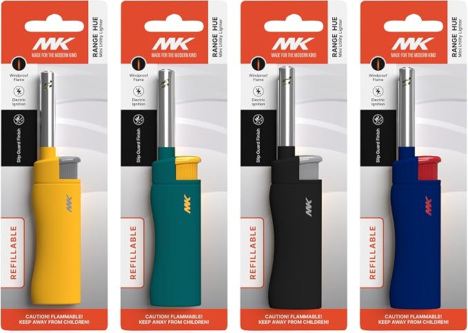 MK Candle Lighter, Butane Refillable Wind-Resistant Flame, 4-Pack for BBQ, Camping, Outdoor Use (New Hue-4PC)