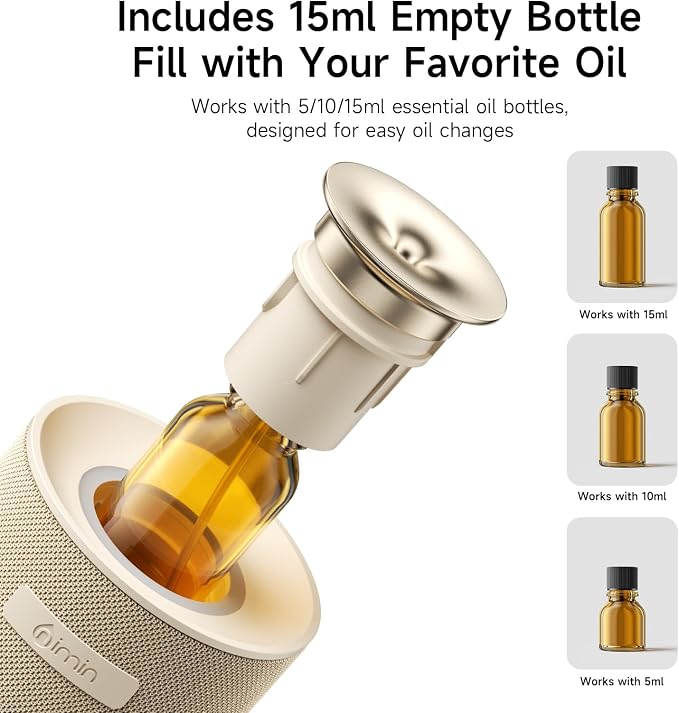 Waterless Essential Oil Diffuser for Home & Car, Cordless Portable Diffuser with Auto Start-Stop, 2-in-1 Mode & Adjustable Scent, Fits 5/10/15ml Bottles, Rechargeable Car Diffuser, Cream