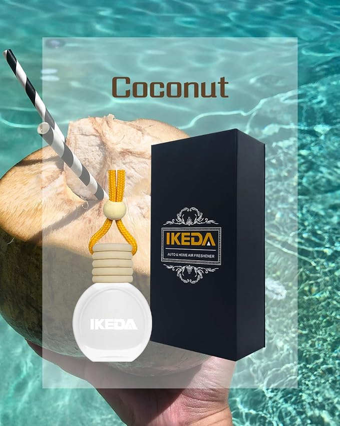 ikeda fragrance Car Air Freshener Hanging, Car Scent with Vent Clip Bottle,45-Days Long Lasting Fragrance,Essential Oil Diffuser,Odor Eliminator for Home Deodorizer (Round, Coconut)