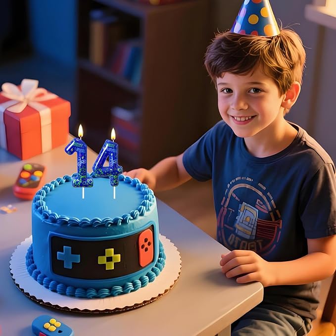 Number 4 Birthday Candle for Cake – Blue Gaming Theme Number Candle with “Next Level” Design, Video Game Style Cake Topper for Anniversary & Celebration