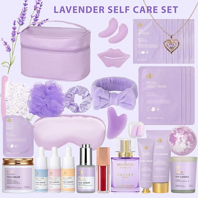 33 pcs Mother's Day Gift for Mom, Lavender Bath & Body Basket Gift Set for Women, Home Spa Kit, Face Sheet Mask Skin Care Gift Set, Cosmetic Bag, Necklace, Birthday, Christmas, Anniversary, Wife