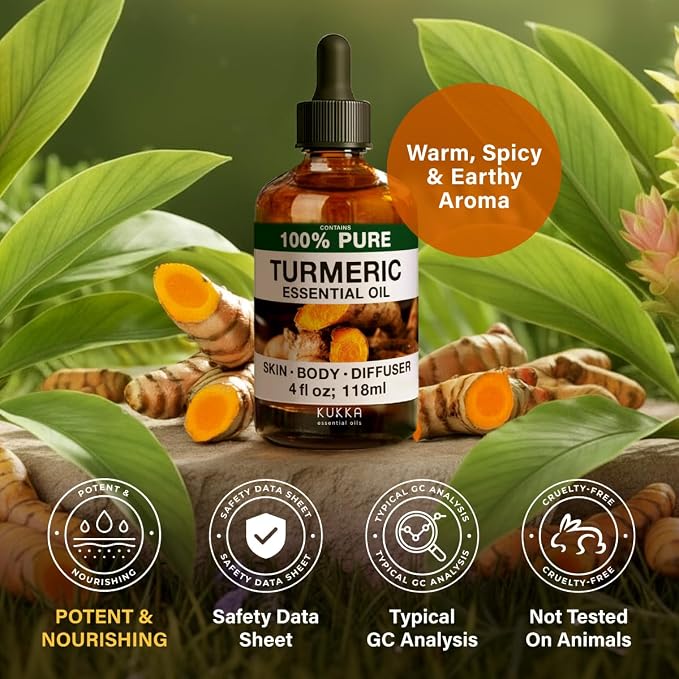 100% Pure Turmeric Oil - 4 Fl Oz Turmeric Essential Oil for Hair, Skin, Diffuser, Aromatherapy & DIY Soap Making Scent