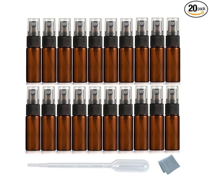 Elfenstall- 20pcs Amber 5ml 1/6oz Atomizer Vial Glass Bottle Spray Refillable Perfume Empty Fine Mist Sample Bottle Clean Cloth Free 3ML Pipette for Travel Party