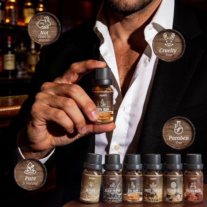 SALUBRITO Men's Club Fragrance Oils, Wood Essential Oil Set for Diffuser, Soap, Candle Making - Sandalwood, Teakwood, Sweet Tobacco, Bay Rum, Black Pepper, Vetiver, Gentlemen Scented Oil