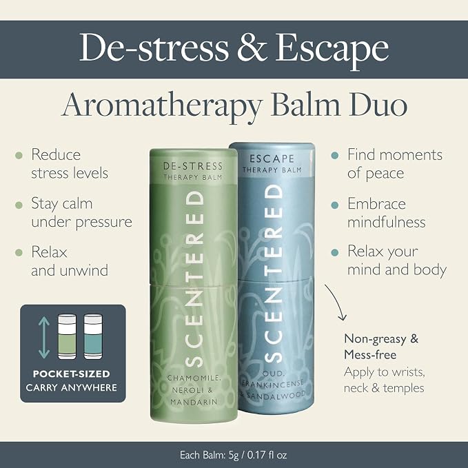Scentered Aromatherapy Balm Sticks for Stress-Relief & Meditation - Roll On Essential Oil Blends of Frankincense, Oud, Chamomile - Aromatherapy Gifts for Women - De-Stress & Escape