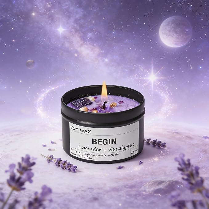 Begin New Beginnings Lavender & Eucalyptus Scented Candle, Black Jar with Purple Crystals, Natural Soy Wax Candles Gifts for People Embarking On Life’s New Journeys, Ready to Restart After A Setbac