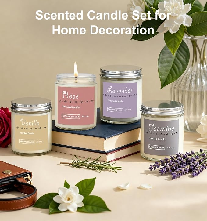 Scented Candle Gift Set, 4 Pack 25oz Soy Wax Candles, 200 Hour Burn Time, Long Lasting Aromatherapy Candles for Home Fragrance, Ideal Gift for Women and Men – Lavender, Jasmine, Rose, Vanilla