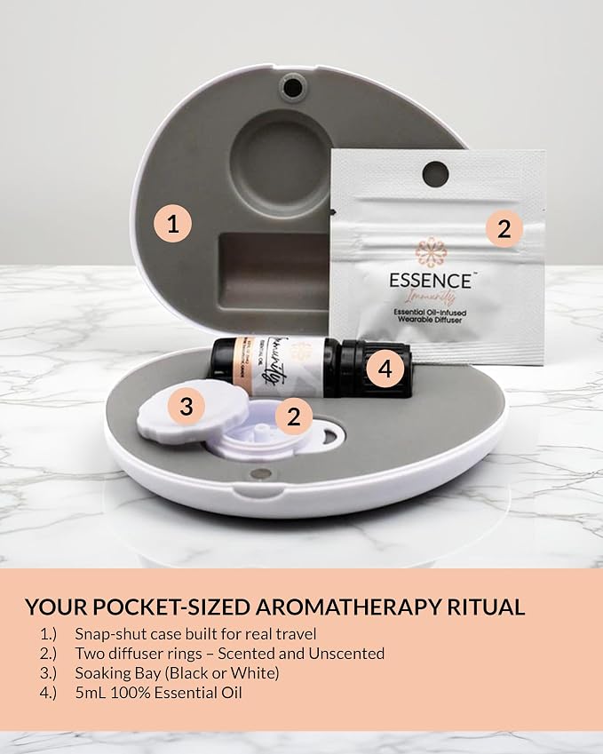 Essence Pearl Travel Case | Immunity Essential Oil | Aromatherapy Nasal Diffuser & Essential Oil Carrying Case | Eucalyptus, Lemon & Peppermint Blend | Travel-Friendly Kit | White Pod