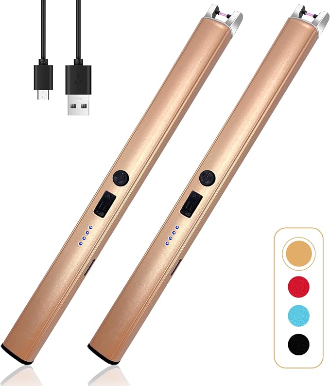 2 PCS Candle Lighter,Windproof Flameless Electric Lighter with LED Power Display ＆ Safety Switch, Upgraded Plasma USB Rechargeable Lighters for Birthday Camping BBQ (Champagne Gold)